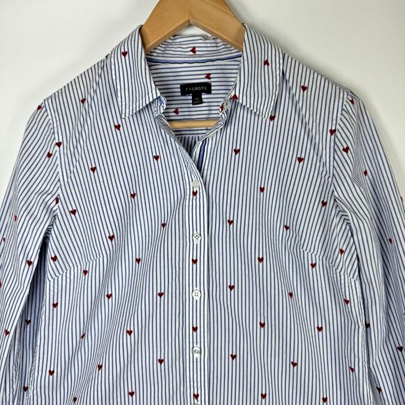 Talbots Womens XS Striped Button Down Shirt Red Heart Print Long Sleeve Cotton - Picture 2 of 12
